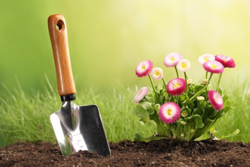 Garden landscaping work with plants and materials on site